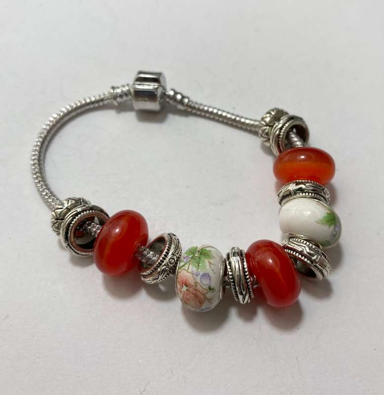 Bracelet - Orange Colour & Flower Decorated Beads. Silver Colour #ML1390