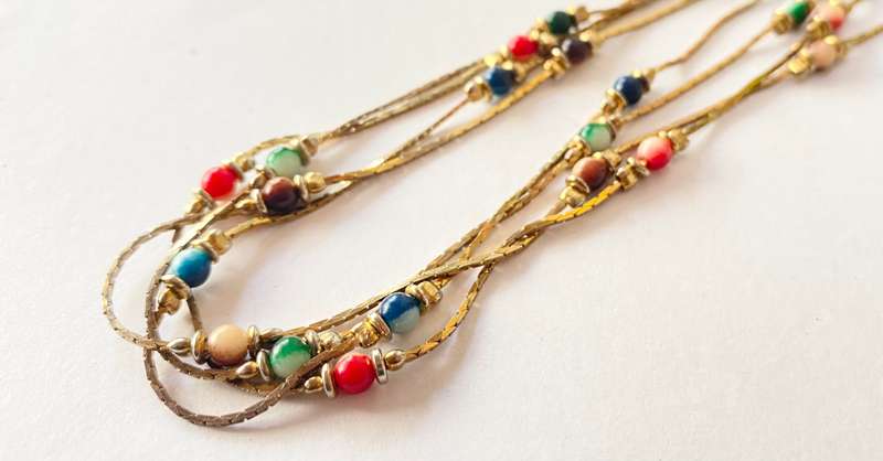 Necklace - 3 Thin Strands with Coloured Beads. Gold Plated #ML1392