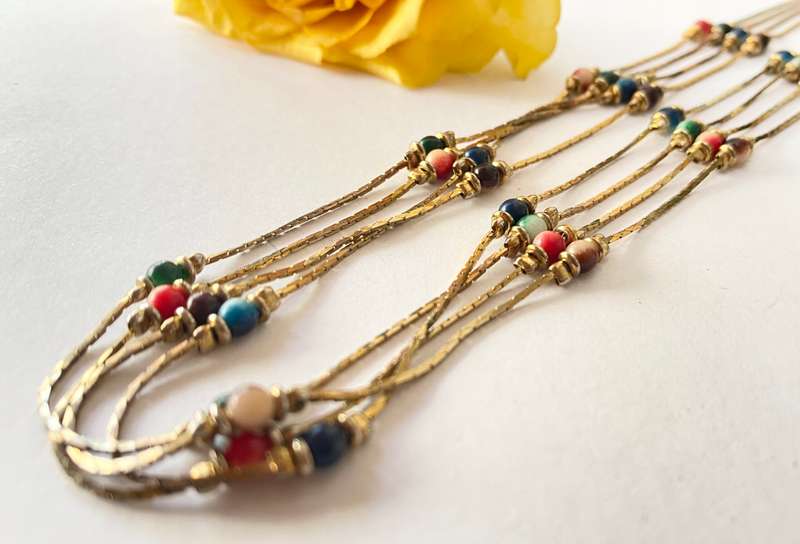 Necklace - 3 Thin Strands with Coloured Beads. Gold Plated #ML1392