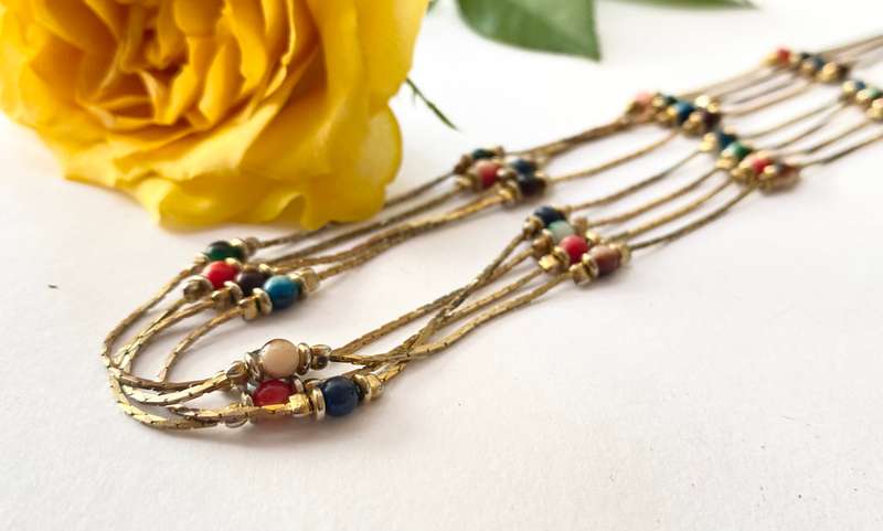 Necklace - 3 Thin Strands with Coloured Beads. Gold Plated #ML1392