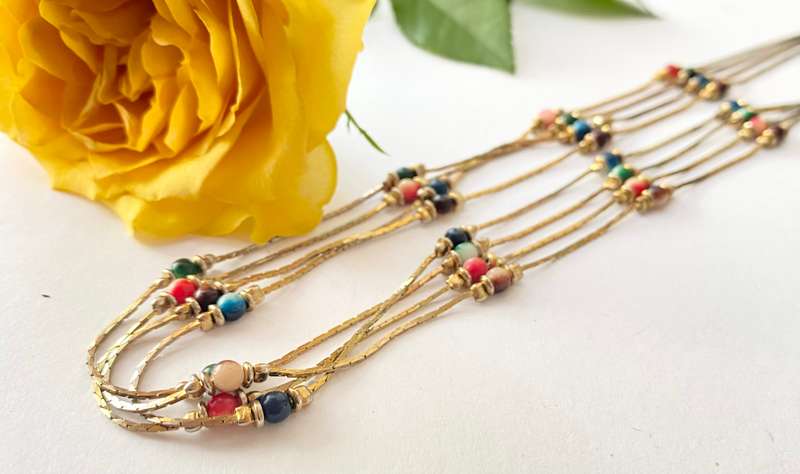 Necklace - 3 Thin Strands with Coloured Beads. Gold Plated #ML1392