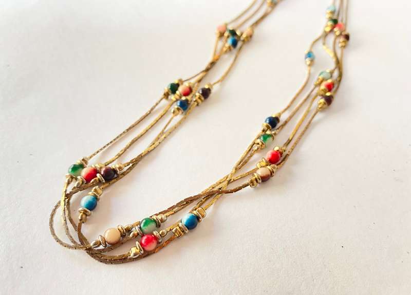 Necklace - 3 Thin Strands with Coloured Beads. Gold Plated #ML1392