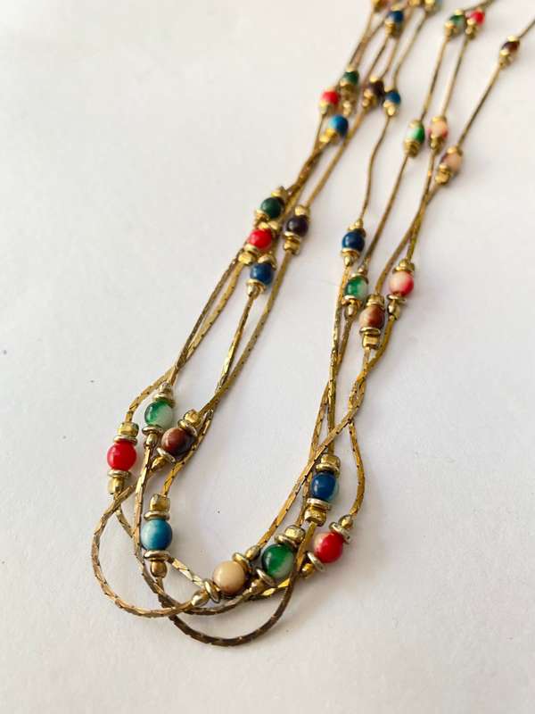 Necklace - 3 Thin Strands with Coloured Beads. Gold Plated #ML1392