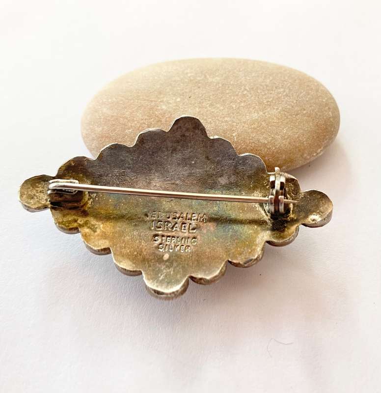 Brooch - Diamond Shape, Blue Centre Stone. Stamped Jerusalem Israel Sterling Silver #ML1414