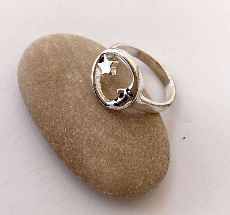 Ring - Band With Moon Circle and Star. Silver Colour #ML1417
