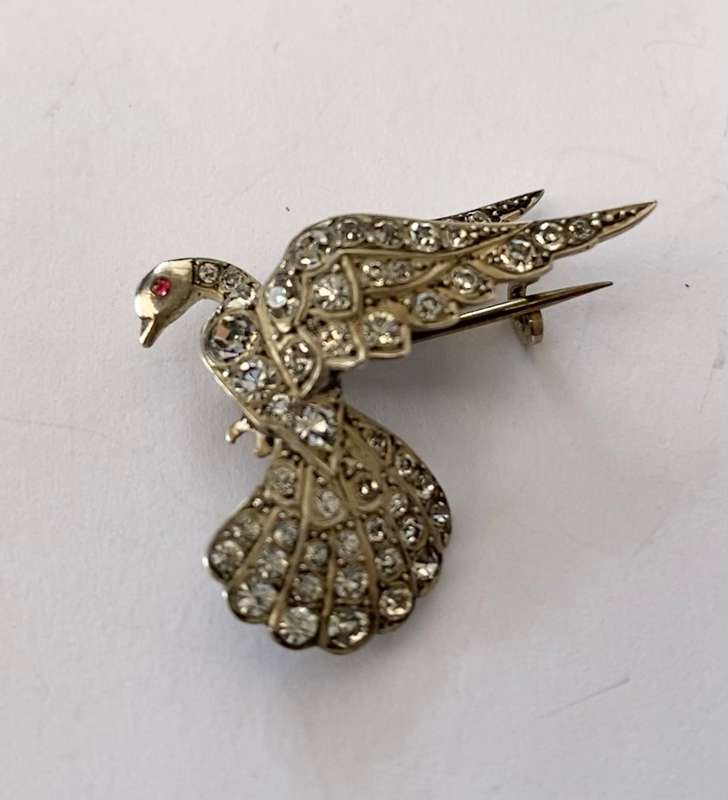Brooch - Silver Egyptian Goose. Garnet Eye. Clear Crystals Embedded #ML1435