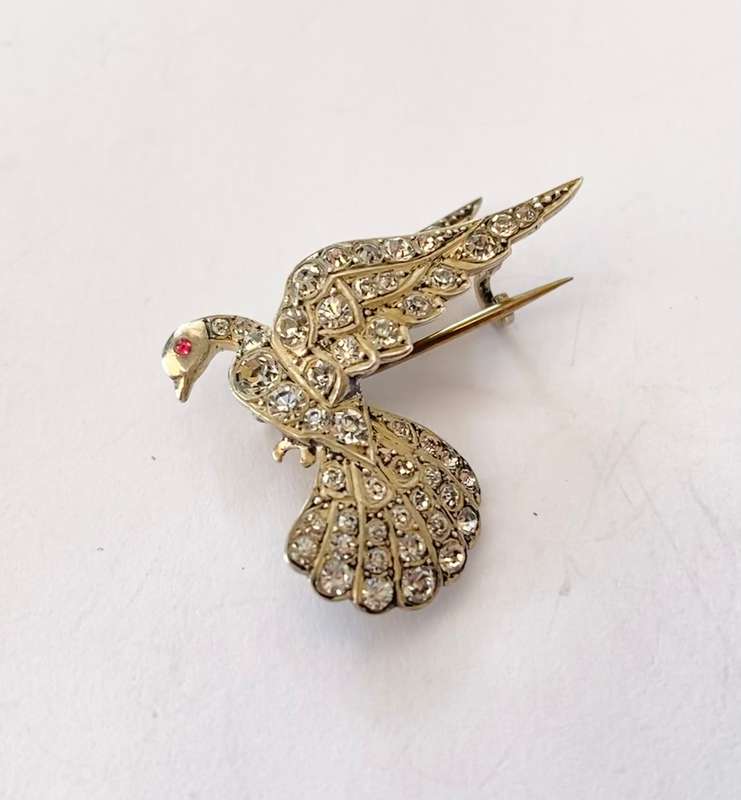 Brooch - Silver Egyptian Goose. Garnet Eye. Clear Crystals Embedded #ML1435