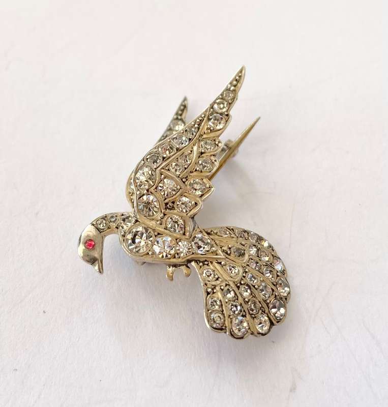 Brooch - Silver Egyptian Goose. Garnet Eye. Clear Crystals Embedded #ML1435