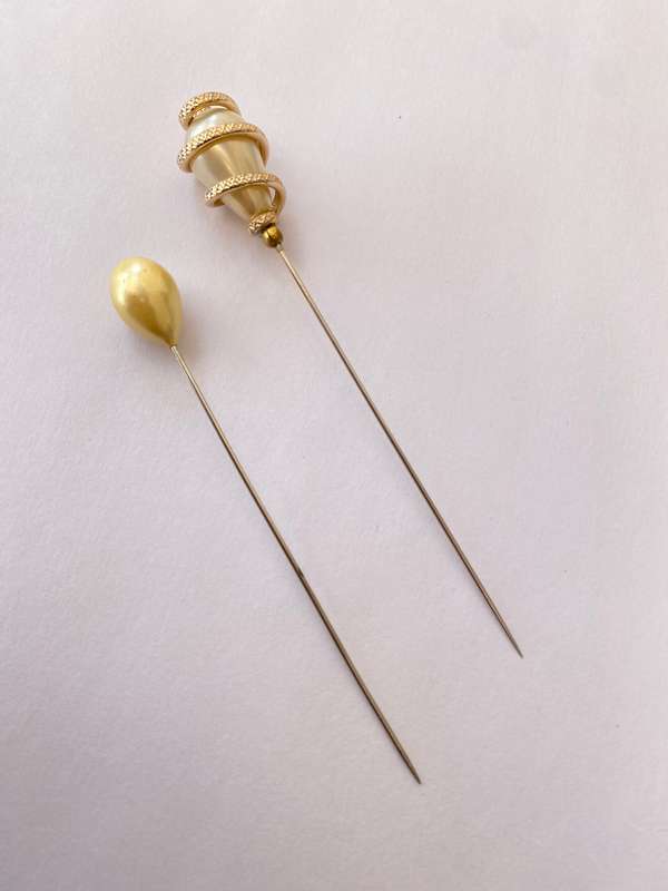 Hat Pins - Set of 2 Vintage Pins With Faux Pearls. One With Brass Snake-like Spiral, one with pla...