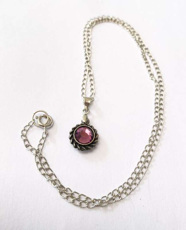 Necklace - Pendant with Purple Centre Stone and Swirly Pattern On Chain. Silver Coloured #ML1453