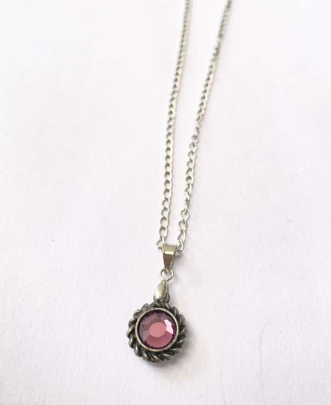 Necklace - Pendant with Purple Centre Stone and Swirly Pattern On Chain. Silver Coloured #ML1453