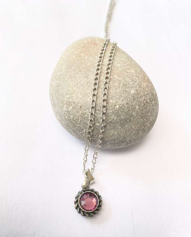Necklace - Pendant with Purple Centre Stone and Swirly Pattern On Chain. Silver Coloured #ML1453