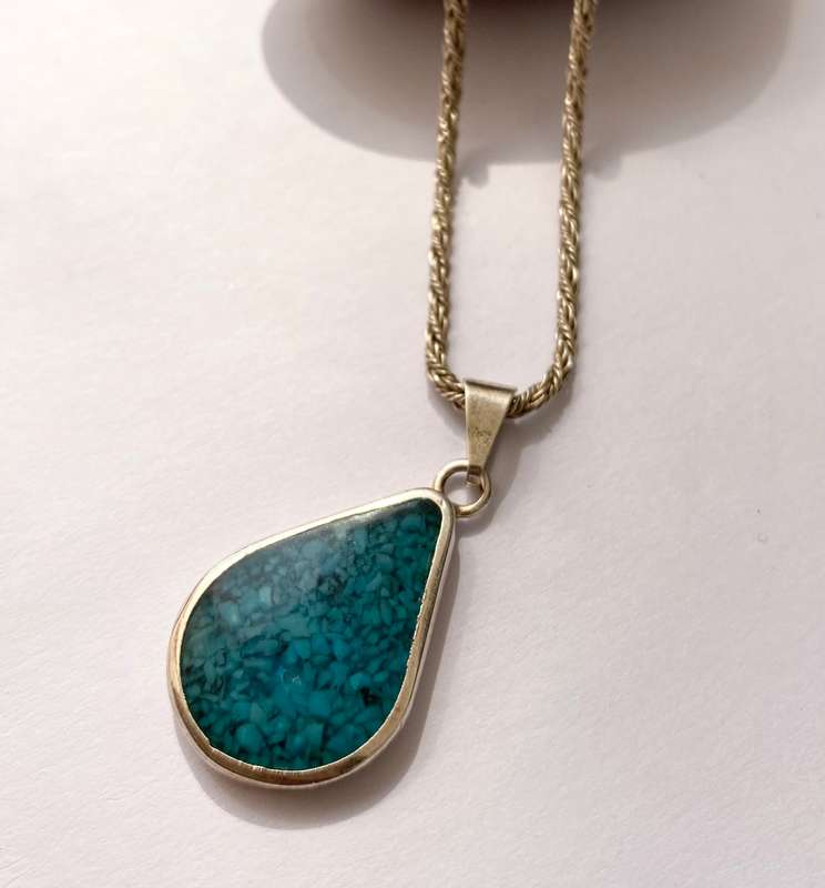 Pendant on Chain - 925 Silver Pendant With Crushed Paua Pearl Set In Resin. 925 Silver Chain