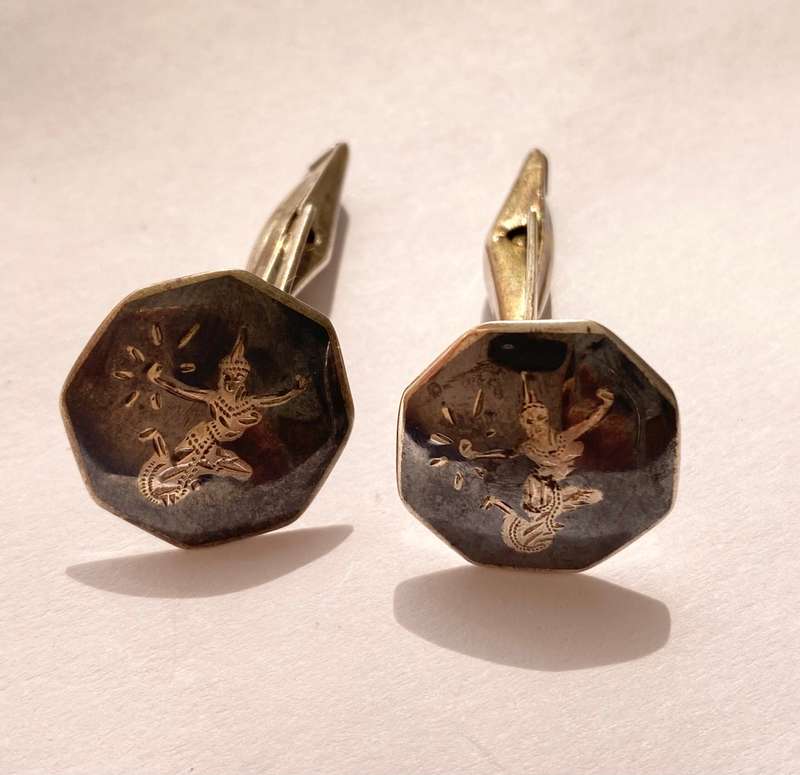 Cufflinks - Vintage Silver Siam Nang Fa (the fairy). Black Enamel. Silver Dancing Lady