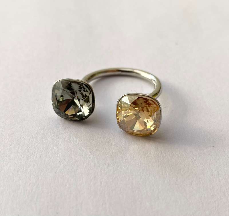 Ring - Two Stone Open Ring. Chrome Plated. Imperial Topaz and Shadow Quartz