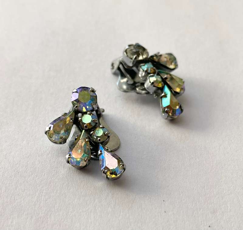 Earrings - Clip-ons With Reflective Chromatic Crystals. Teardrop and Diamond Crystals. Silver Col...