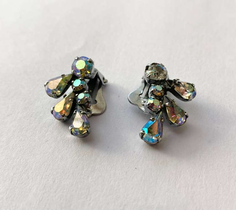 Earrings - Clip-ons With Reflective Chromatic Crystals. Teardrop and Diamond Crystals. Silver Col...