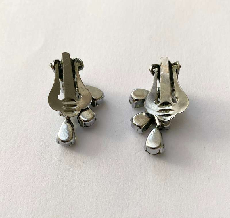 Earrings - Clip-ons With Reflective Chromatic Crystals. Teardrop and Diamond Crystals. Silver Col...