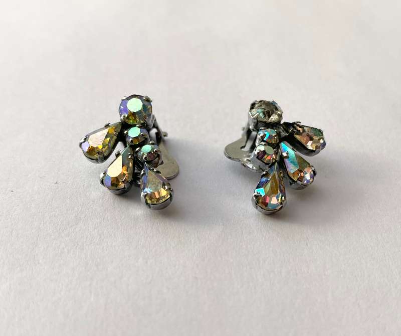 Earrings - Clip-ons With Reflective Chromatic Crystals. Teardrop and Diamond Crystals. Silver Col...