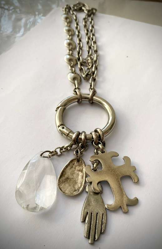 Necklace - Large Heavy Chain With Large Pendants: Celtic Cross, Teardrop Clear Stone, Teardrop Si...