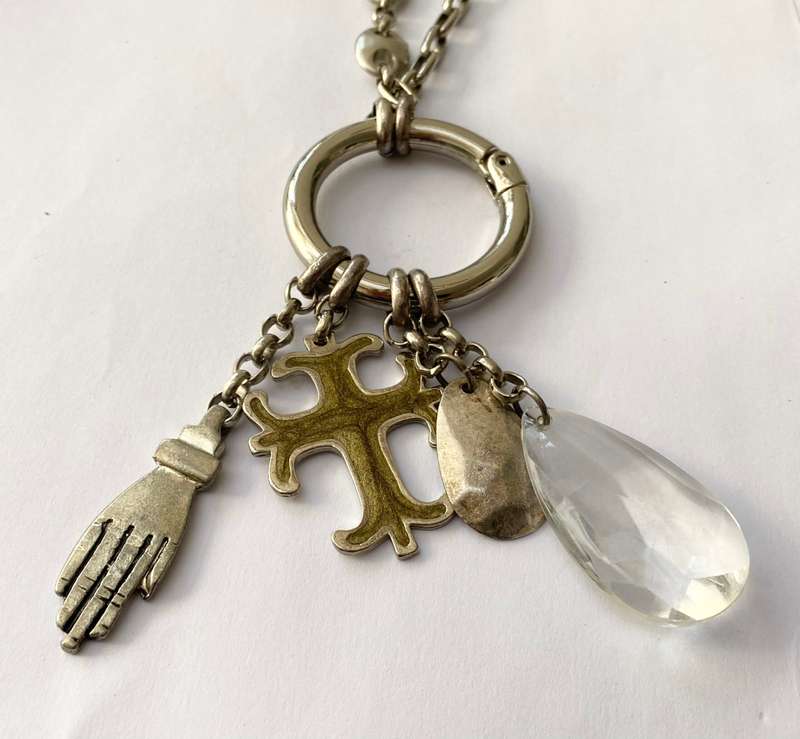 Necklace - Large Heavy Chain With Large Pendants: Celtic Cross, Teardrop Clear Stone, Teardrop Si...