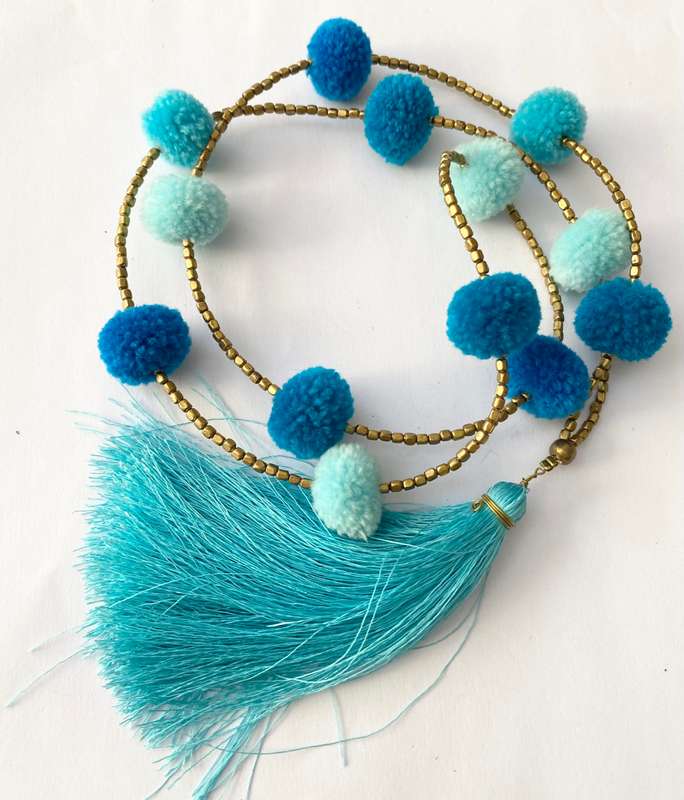 Necklace - Brass Beads With Blue Pompoms and Blue Tassels