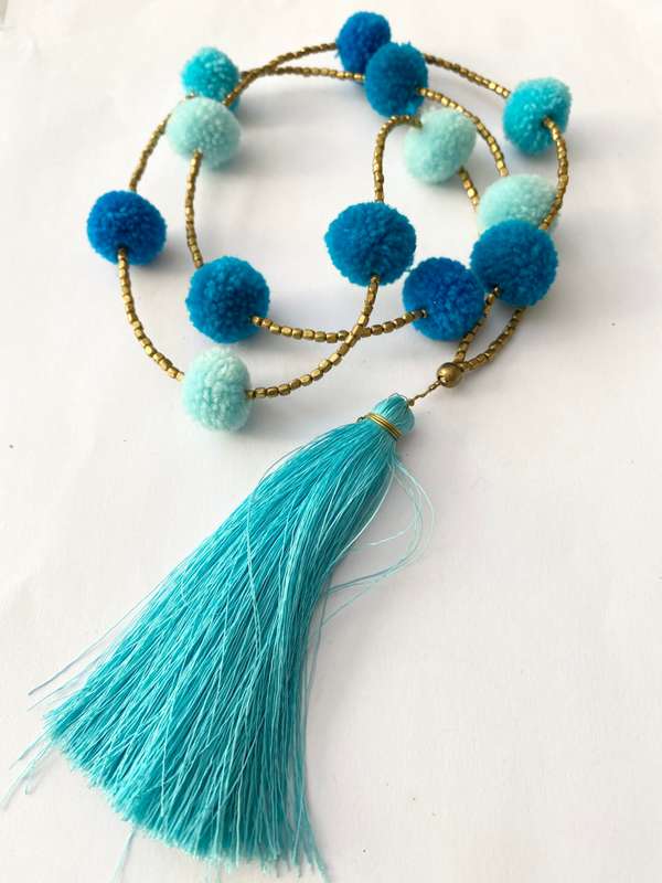 Necklace - Brass Beads With Blue Pompoms and Blue Tassels