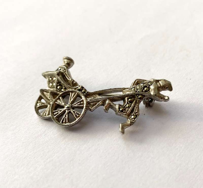Brooch - Marcasite Vintage Pulled Rickshaw. Silver Colour #ML1492