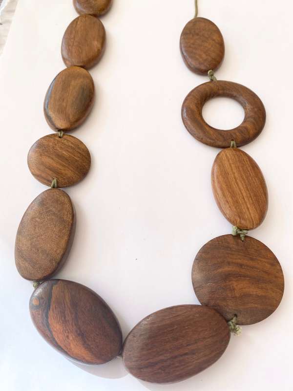 Necklace - Wooden Oval And Round Beaded Necklace With One Ring Bead On Green Cord #ML1497