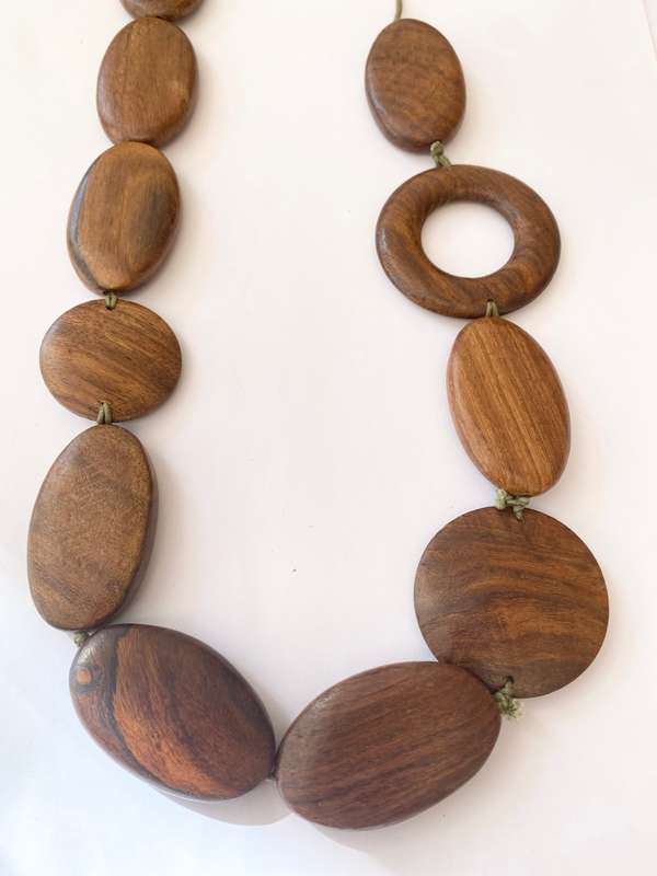Necklace - Wooden Oval And Round Beaded Necklace With One Ring Bead On Green Cord #ML1497