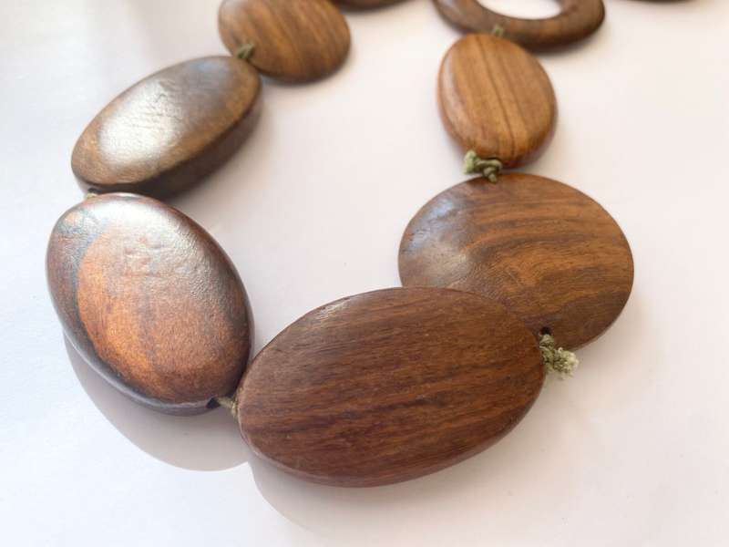 Necklace - Wooden Oval And Round Beaded Necklace With One Ring Bead On Green Cord #ML1497