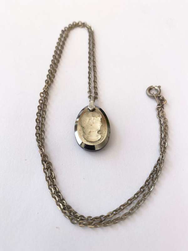 Pendant on Chain - Glass Cameo On Black Chromatic Stone. Silver Colour Chain #ML1500