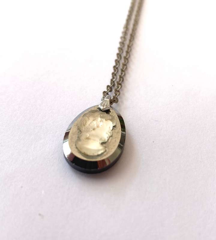 Pendant on Chain - Glass Cameo On Black Chromatic Stone. Silver Colour Chain #ML1500