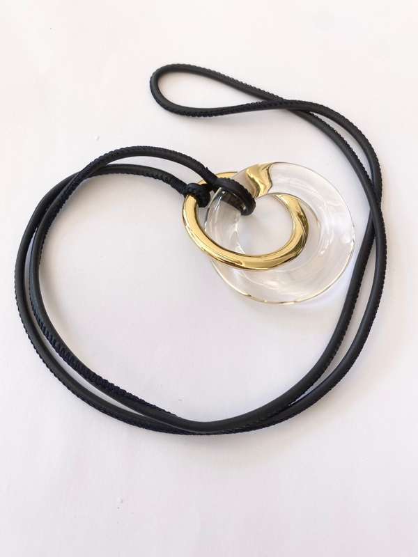 Necklace - Long Leather Strap Necklace With Interlocking Glass Ring and Gold Colour Ring #ML1501
