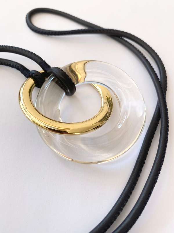 Necklace - Long Leather Strap Necklace With Interlocking Glass Ring and Gold Colour Ring #ML1501