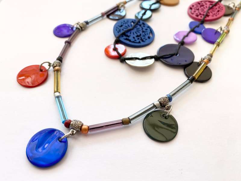 Necklace - Long Double Strand Cord. Multi-Colour Beads. Wooden Flower Patterned Beads #ML1516