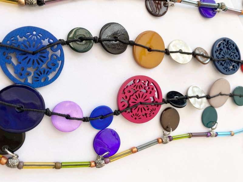 Necklace - Long Double Strand Cord. Multi-Colour Beads. Wooden Flower Patterned Beads #ML1516