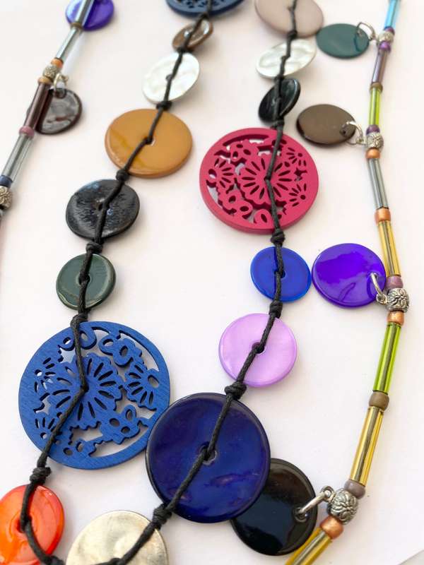 Necklace - Long Double Strand Cord. Multi-Colour Beads. Wooden Flower Patterned Beads #ML1516