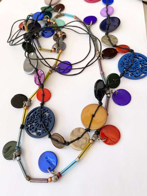 Necklace - Long Double Strand Cord. Multi-Colour Beads. Wooden Flower Patterned Beads #ML1516
