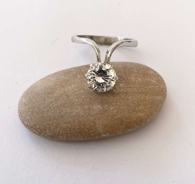 Ring - Silver Ring Offset, Clear Crystal In Crown Setting. 925 Silver #ML1525
