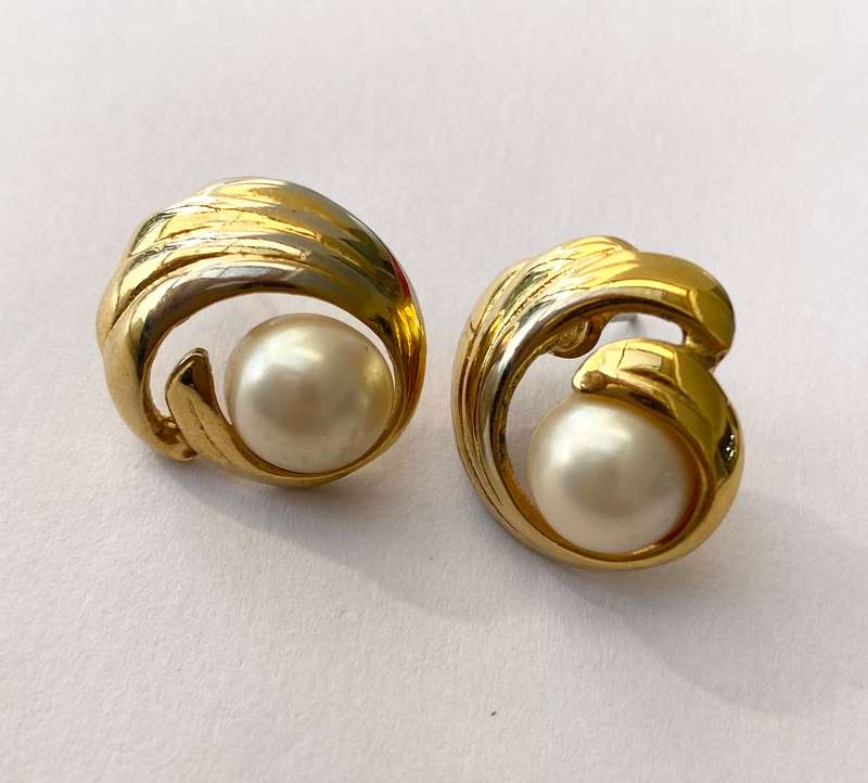 Earrings - Swirls With White Centre Faux Pearl. Gold Colour #ML1534