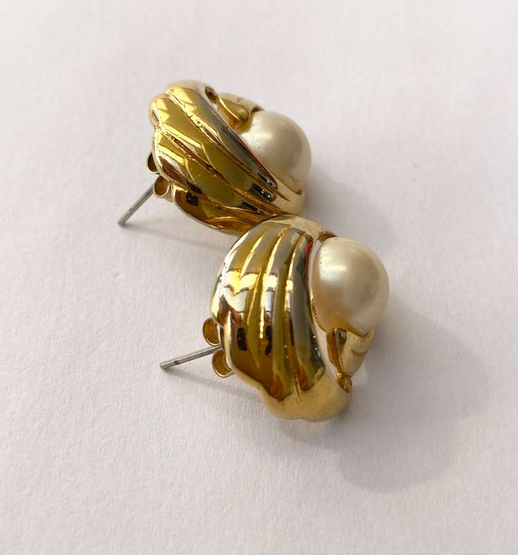 Earrings - Swirls With White Centre Faux Pearl. Gold Colour #ML1534