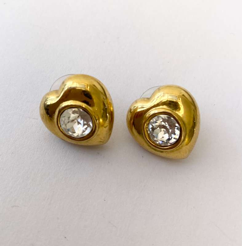 Earrings - Hearts With White Centre Stone. Gold Colour #ML1535