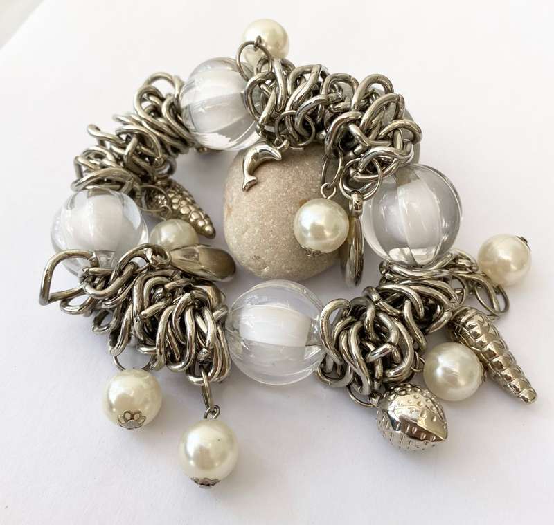 Bracelet - Beaded Charm Bracelet. Fruit, Faux Pearls and Large Clear Beads With White Centres and...