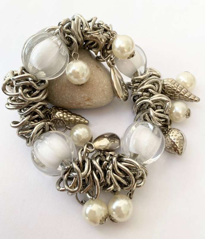 Bracelet - Beaded Charm Bracelet. Fruit, Faux Pearls and Large Clear Beads With White Centres and...