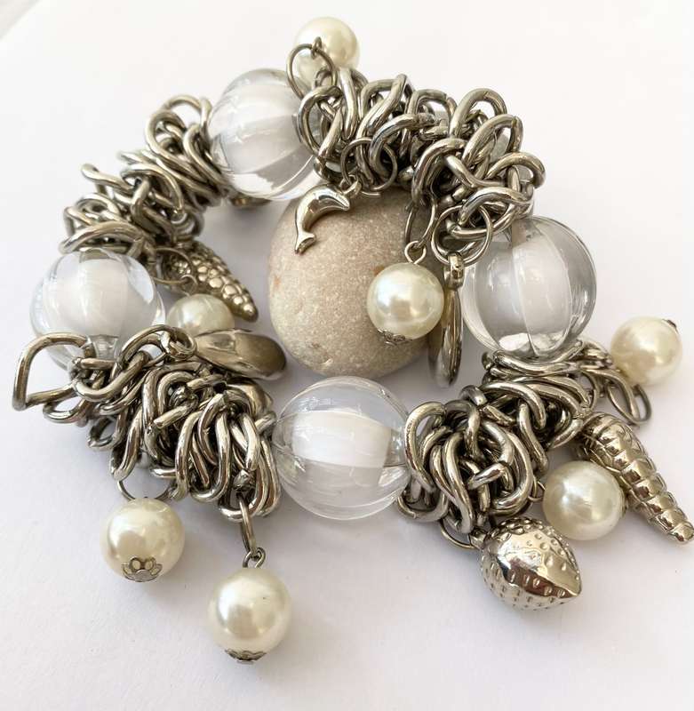 Bracelet - Beaded Charm Bracelet. Fruit, Faux Pearls and Large Clear Beads With White Centres and...