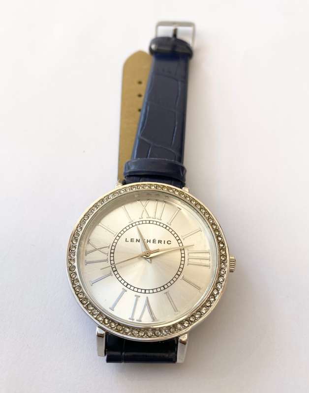 Watch - Lentheric With Big Round Face. Small White Stones Surrounding. Blue Strap #ML1539