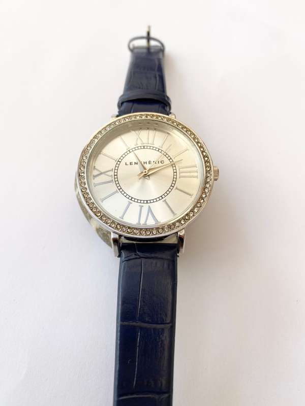 Watch - Lentheric With Big Round Face. Small White Stones Surrounding. Blue Strap #ML1539