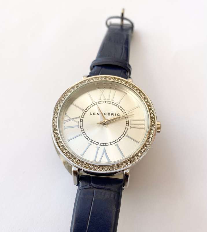 Watch - Lentheric With Big Round Face. Small White Stones Surrounding. Blue Strap #ML1539