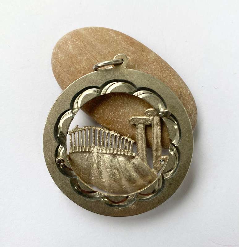 Pendant - Round Silver Disk With Greek Columns Inset #ML1558